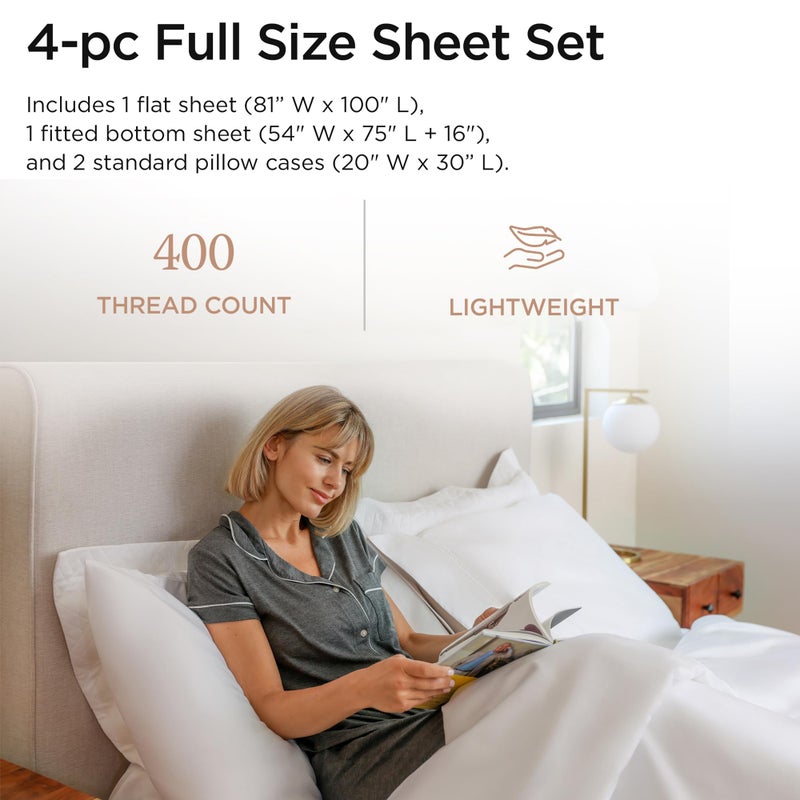 Threadmill Egyptian Cotton Full Size Sheet Set | 100% Certified Egyptian Cotton Sheets for Full Size Bed | Full Bed Sheets Set 16" Deep Pocket | Soft Sateen 4-Piece Cooling Bedding Set | White - Image 2
